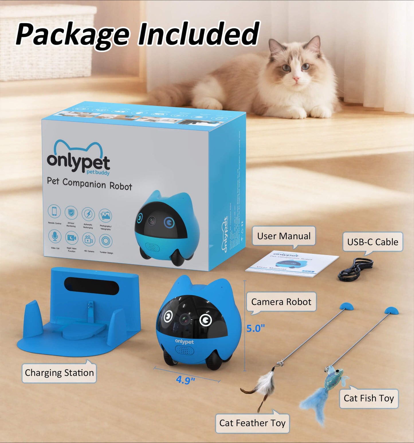 onlypet Pet Camera Indoor with Phone App, AI Pet Cam Robot for Cats & Dogs