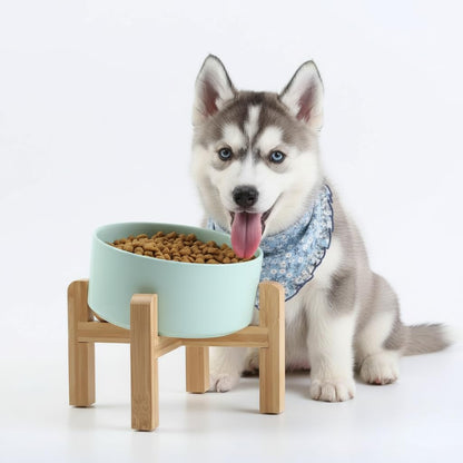 Petygooing Raised/Elevated 15°Slanted Ceramic Dog Bowl with Wooden Stand,Tilted Anti Slip Pet Feeding Bowl,Bulldog Food Water Dish for Cats and Small Medium Large Breeds