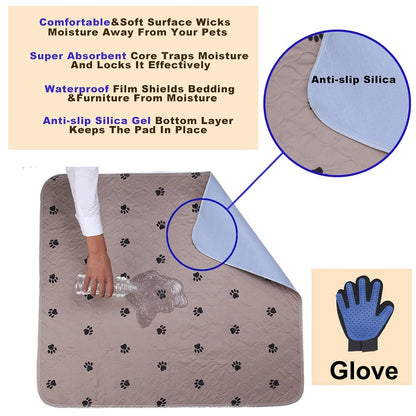 Reusable Pee Pad + Free Puppy Grooming Gloves/Quilted, Fast Absorbing Machine Washable Dog Whelping Pad/Waterproof Puppy Training Pad/Housebreaking Absorption Pads
