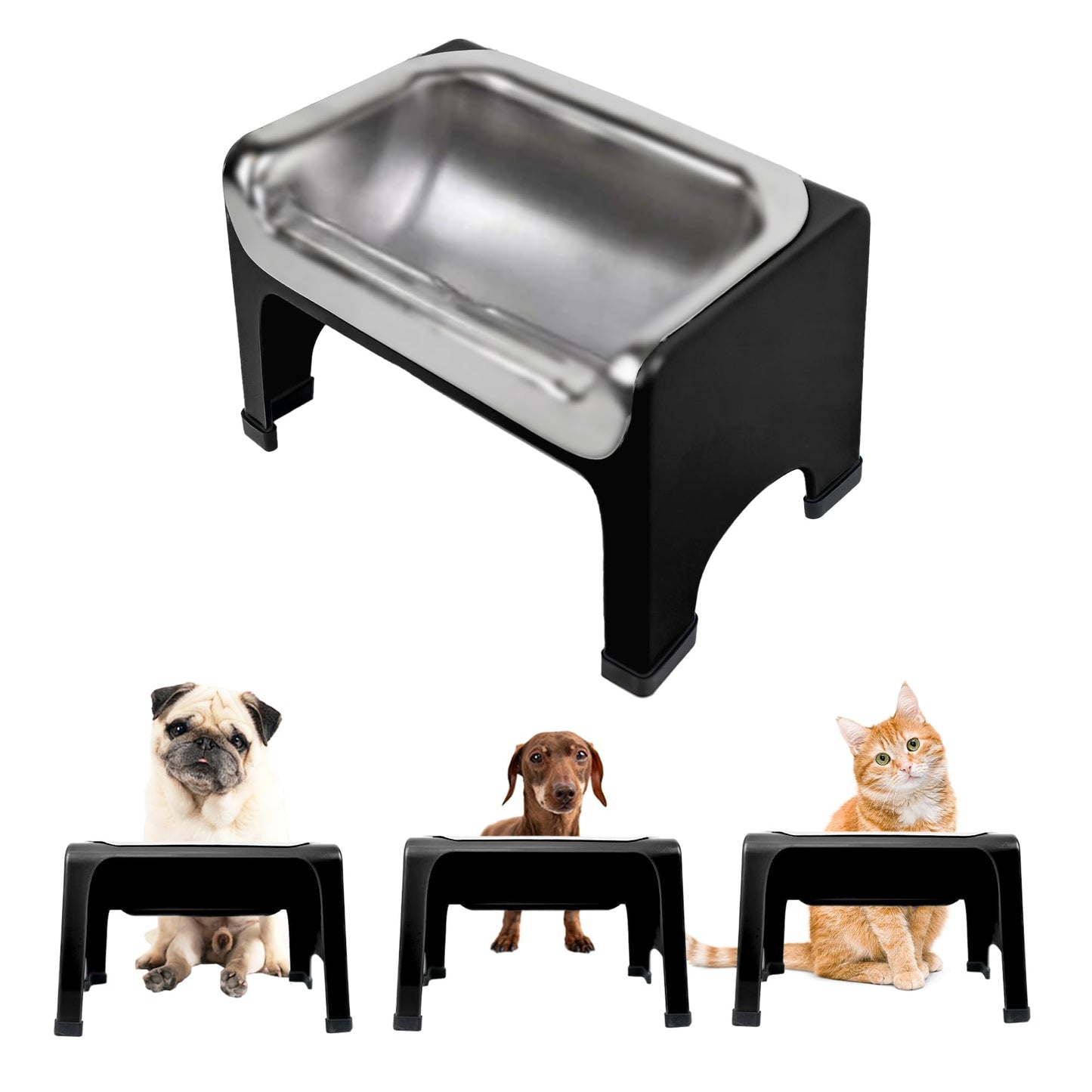 Fluff Trough 7.25 Inch Tall Elevated Bowls for Medium & Small Dogs - Stainless Steel Raised Set With Stand Holds 2 Cups of Pet Food - Vet Recommended No Spill Feeder Station