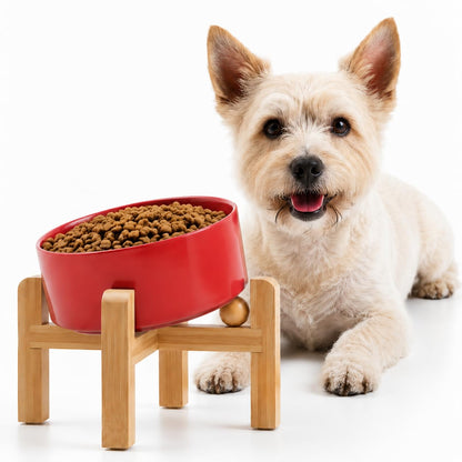 Petygooing Raised/Elevated 15°Slanted Ceramic Dog Bowl with Wooden Stand,Tilted Anti Slip Pet Feeding Bowl,Bulldog Food Water Dish for Cats and Small Medium Large Breeds