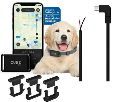 Cube 3-in-1 GPS Tracking Bundle – Mini GPS Tracker + Pet Collar Clips + Hardwire Cable Charger – Real-Time Worldwide Tracking for Pets, Vehicles & Assets – Geo-Fencing, App Alerts & Long Battery Life