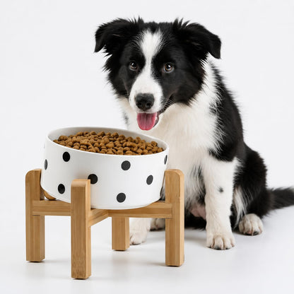 Petygooing Raised/Elevated 15°Slanted Ceramic Dog Bowl with Wooden Stand,Tilted Anti Slip Pet Feeding Bowl,Bulldog Food Water Dish for Cats and Small Medium Large Breeds