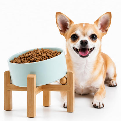 Petygooing Raised/Elevated 15°Slanted Ceramic Dog Bowl with Wooden Stand,Tilted Anti Slip Pet Feeding Bowl,Bulldog Food Water Dish for Cats and Small Medium Large Breeds