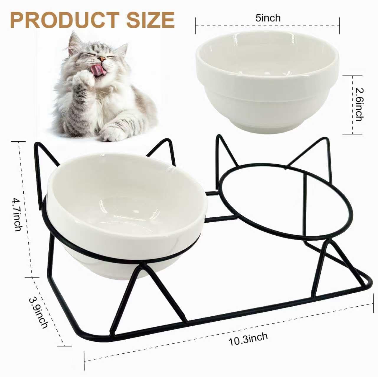 Elevated Tilted Cat Bowls for Indoor Cats，Raised Ceramic Cat Bowl Elevated 15°,Pet Feeding Bowls for Food and Water Anti Vomiting Bowl(Double Ceramics and Tilt Shelf) Suitable