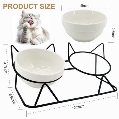 Elevated Tilted Cat Bowls for Indoor Cats，Raised Ceramic Cat Bowl Elevated 15°,Pet Feeding Bowls for Food and Water Anti Vomiting Bowl(Double Ceramics and Tilt Shelf) Suitable