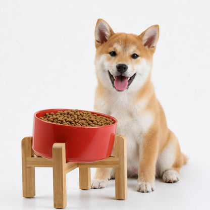 Petygooing Raised/Elevated 15°Slanted Ceramic Dog Bowl with Wooden Stand,Tilted Anti Slip Pet Feeding Bowl,Bulldog Food Water Dish for Cats and Small Medium Large Breeds