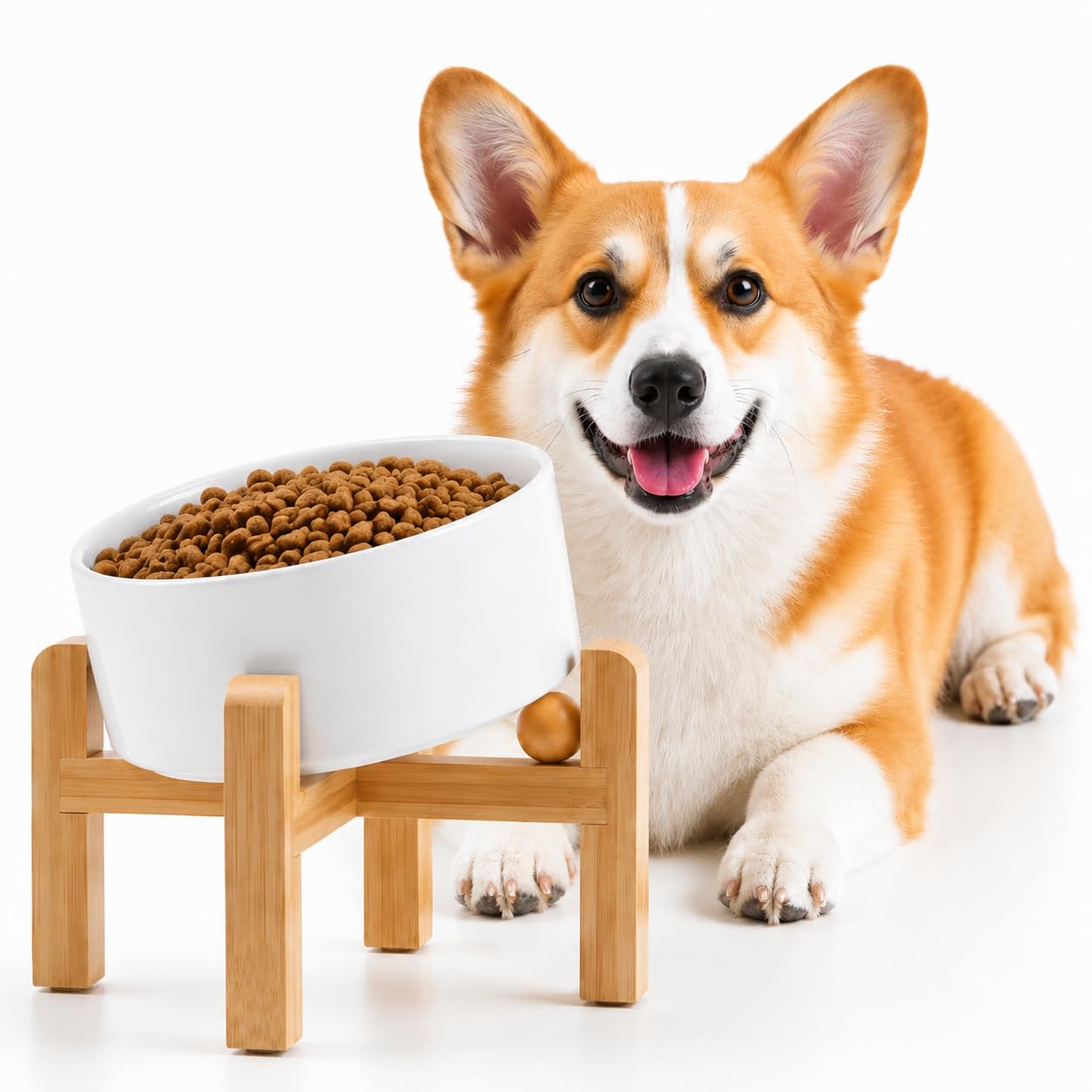 Petygooing Raised/Elevated 15°Slanted Ceramic Dog Bowl with Wooden Stand,Tilted Anti Slip Pet Feeding Bowl,Bulldog Food Water Dish for Cats and Small Medium Large Breeds