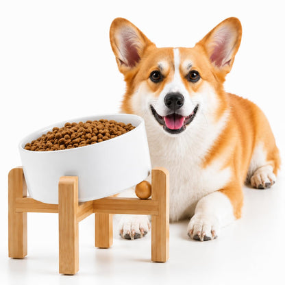 Petygooing Raised/Elevated 15°Slanted Ceramic Dog Bowl with Wooden Stand,Tilted Anti Slip Pet Feeding Bowl,Bulldog Food Water Dish for Cats and Small Medium Large Breeds