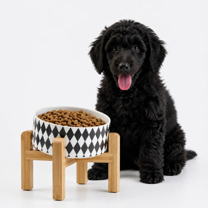 Petygooing Raised/Elevated 15°Slanted Ceramic Dog Bowl with Wooden Stand,Tilted Anti Slip Pet Feeding Bowl,Bulldog Food Water Dish for Cats and Small Medium Large Breeds