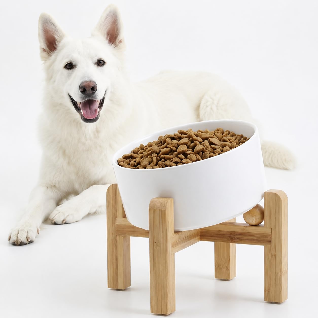 Petygooing Raised/Elevated 15°Slanted Ceramic Dog Bowl with Wooden Stand,Tilted Anti Slip Pet Feeding Bowl,Bulldog Food Water Dish for Cats and Small Medium Large Breeds