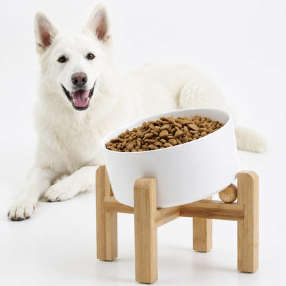 Petygooing Raised/Elevated 15°Slanted Ceramic Dog Bowl with Wooden Stand,Tilted Anti Slip Pet Feeding Bowl,Bulldog Food Water Dish for Cats and Small Medium Large Breeds