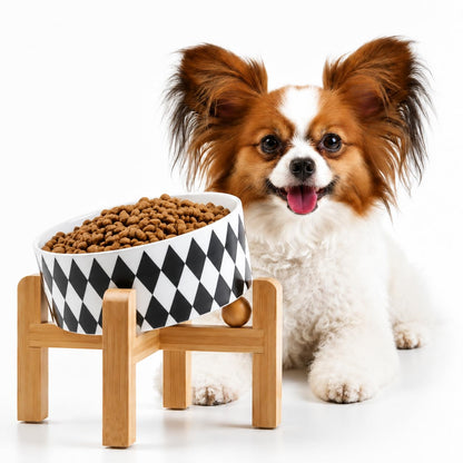 Petygooing Raised/Elevated 15°Slanted Ceramic Dog Bowl with Wooden Stand,Tilted Anti Slip Pet Feeding Bowl,Bulldog Food Water Dish for Cats and Small Medium Large Breeds