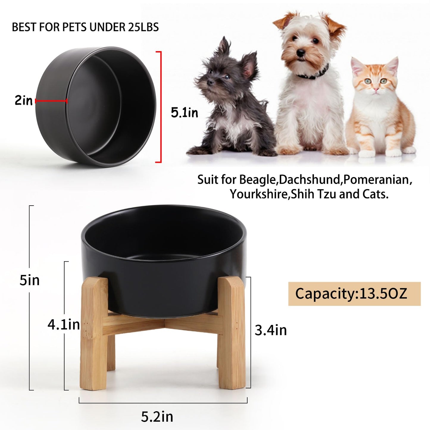 Petygooing Raised/Elevated 15°Slanted Ceramic Dog Bowl with Wooden Stand,Tilted Anti Slip Pet Feeding Bowl,Bulldog Food Water Dish for Cats and Small Medium Large Breeds