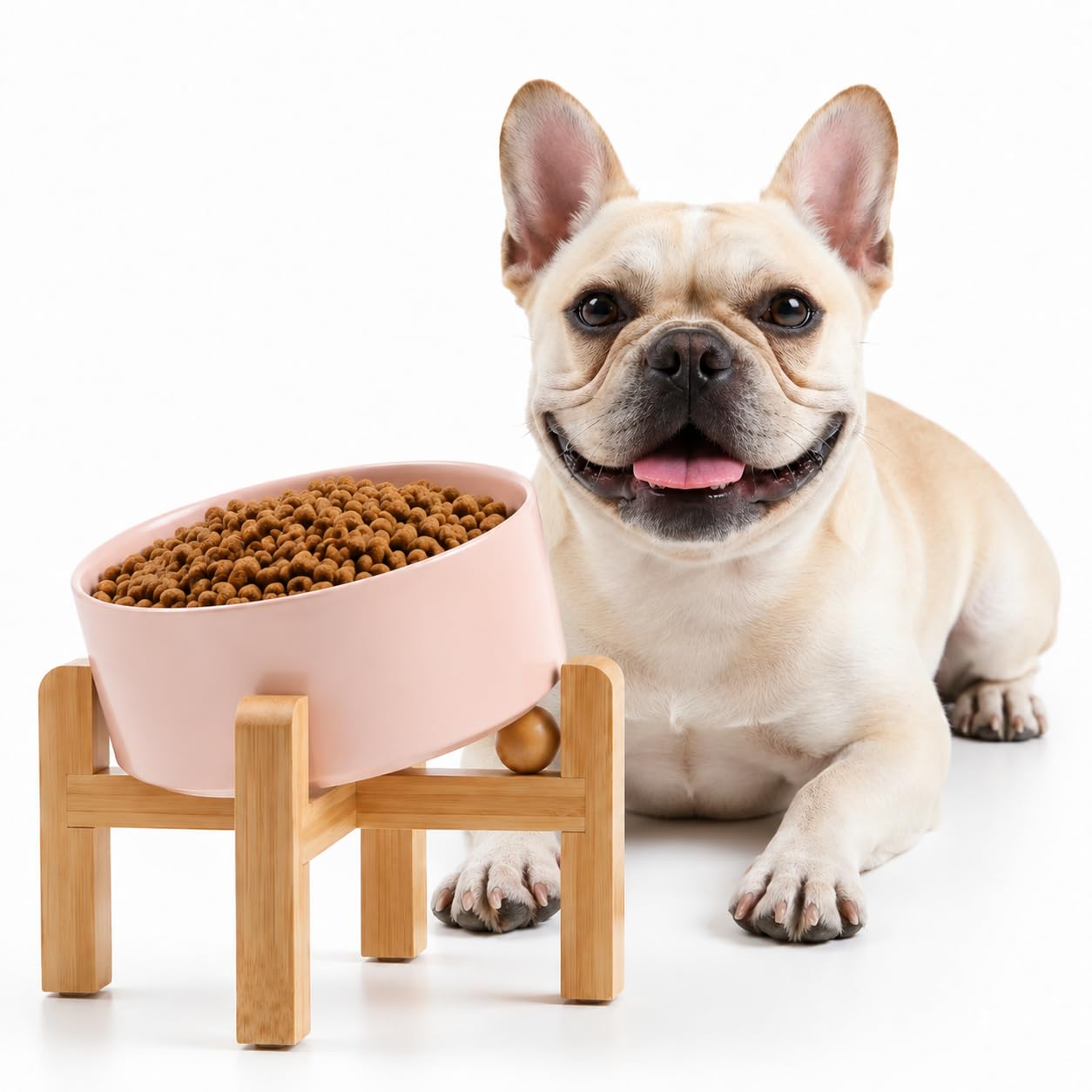 Petygooing Raised/Elevated 15°Slanted Ceramic Dog Bowl with Wooden Stand,Tilted Anti Slip Pet Feeding Bowl,Bulldog Food Water Dish for Cats and Small Medium Large Breeds