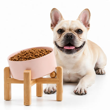 Petygooing Raised/Elevated 15°Slanted Ceramic Dog Bowl with Wooden Stand,Tilted Anti Slip Pet Feeding Bowl,Bulldog Food Water Dish for Cats and Small Medium Large Breeds