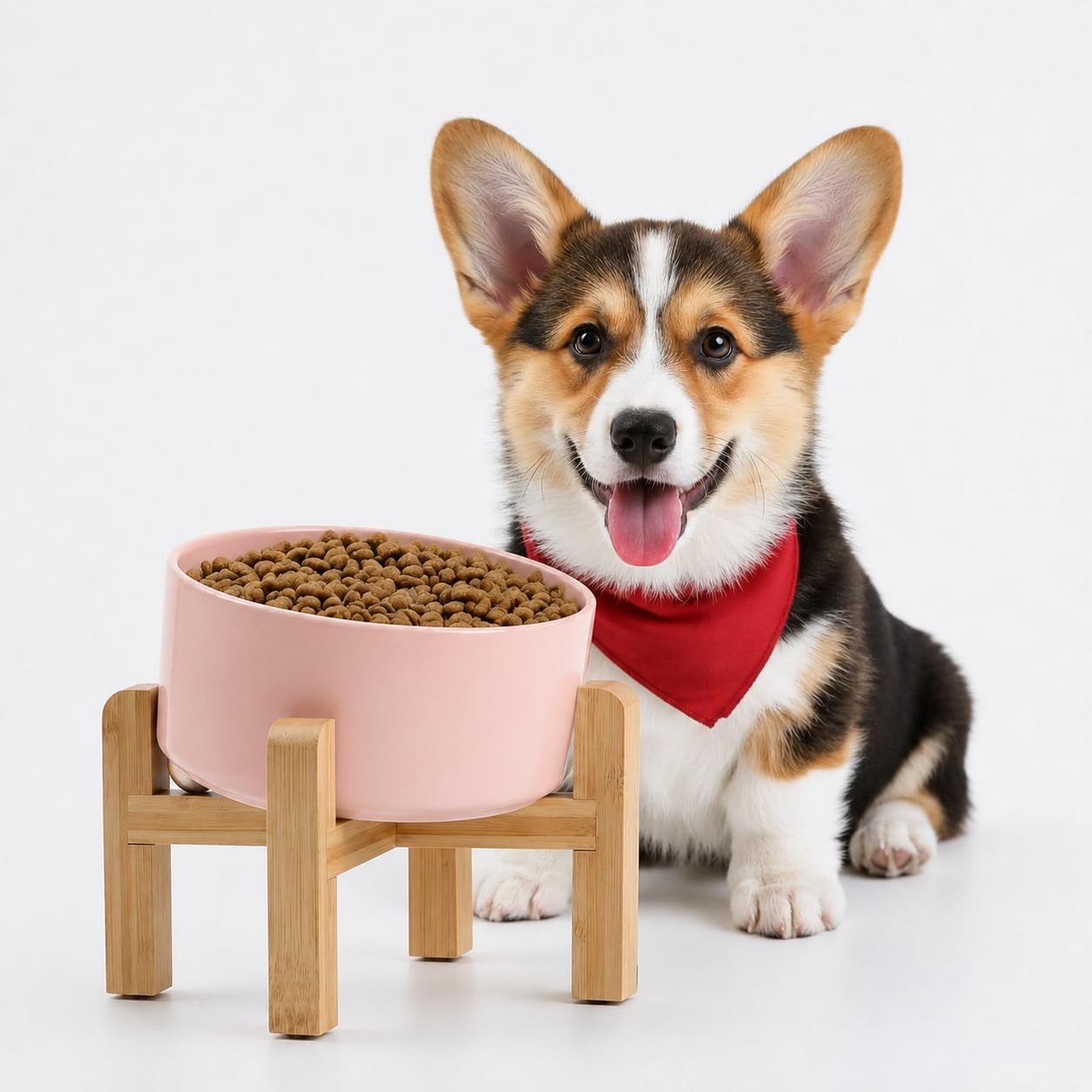 Petygooing Raised/Elevated 15°Slanted Ceramic Dog Bowl with Wooden Stand,Tilted Anti Slip Pet Feeding Bowl,Bulldog Food Water Dish for Cats and Small Medium Large Breeds