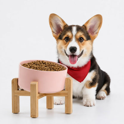 Petygooing Raised/Elevated 15°Slanted Ceramic Dog Bowl with Wooden Stand,Tilted Anti Slip Pet Feeding Bowl,Bulldog Food Water Dish for Cats and Small Medium Large Breeds