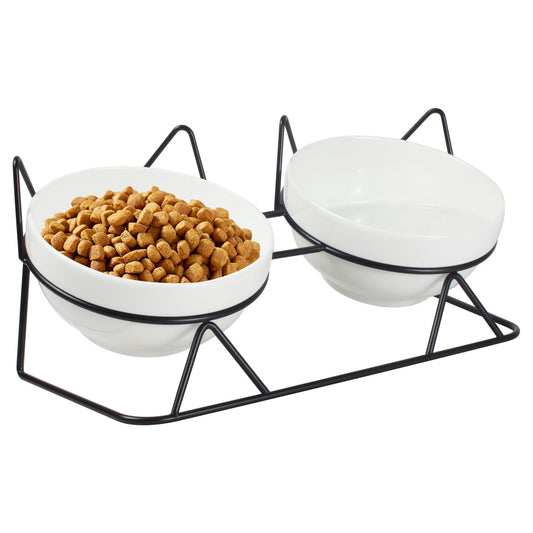 Elevated Tilted Cat Bowls for Indoor Cats，Raised Ceramic Cat Bowl Elevated 15°,Pet Feeding Bowls for Food and Water Anti Vomiting Bowl(Double Ceramics and Tilt Shelf) Suitable