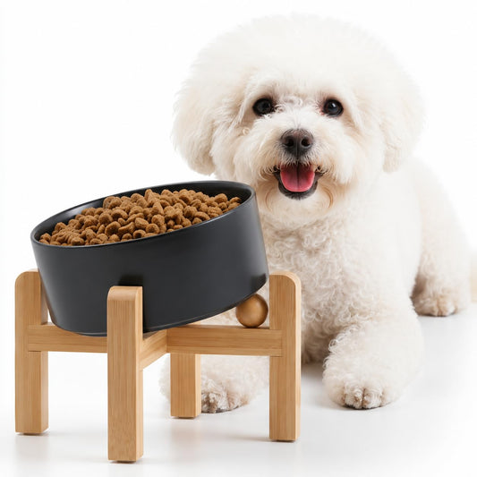 Petygooing Raised/Elevated 15°Slanted Ceramic Dog Bowl with Wooden Stand,Tilted Anti Slip Pet Feeding Bowl,Bulldog Food Water Dish for Cats and Small Medium Large Breeds