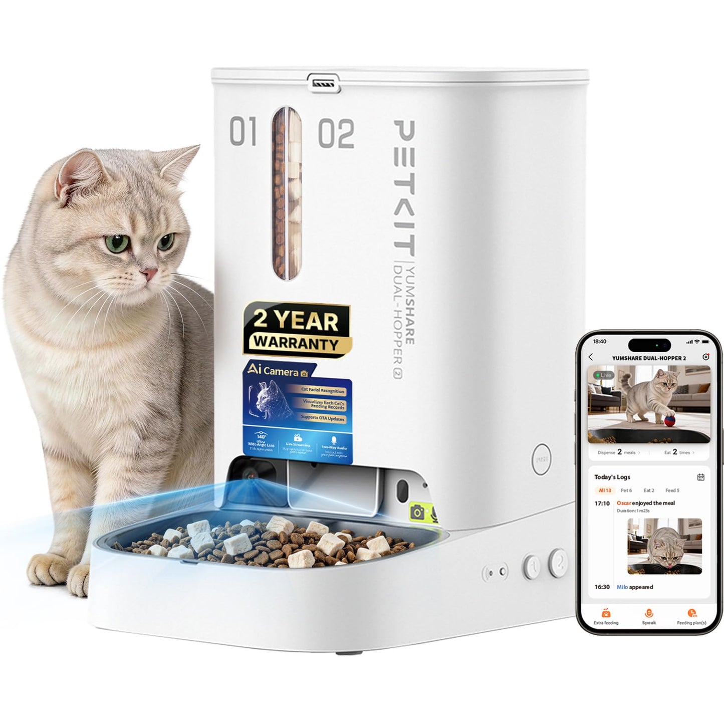 PETKIT Automatic Cat Feeder with Camera, Upgraded Multi-Cat Recognition, 2.4G&5G WiFi Pet Feeder with Freshness Preservation