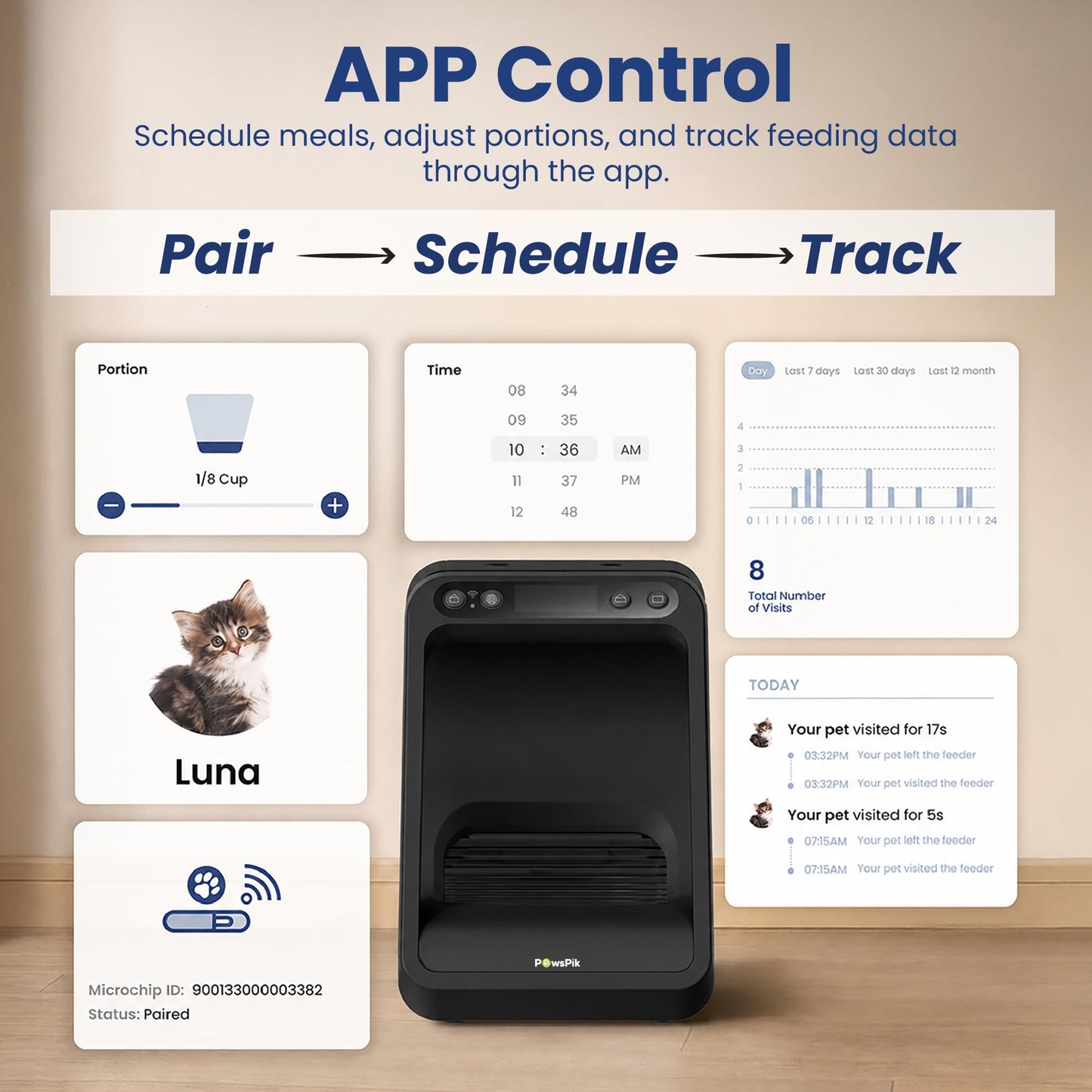 PawsPik Automatic Microchip RFID Cat Feeder,16-Cup, ISO Microchip & PawsPik RFID Tag Compatible, App Control, Portion Control