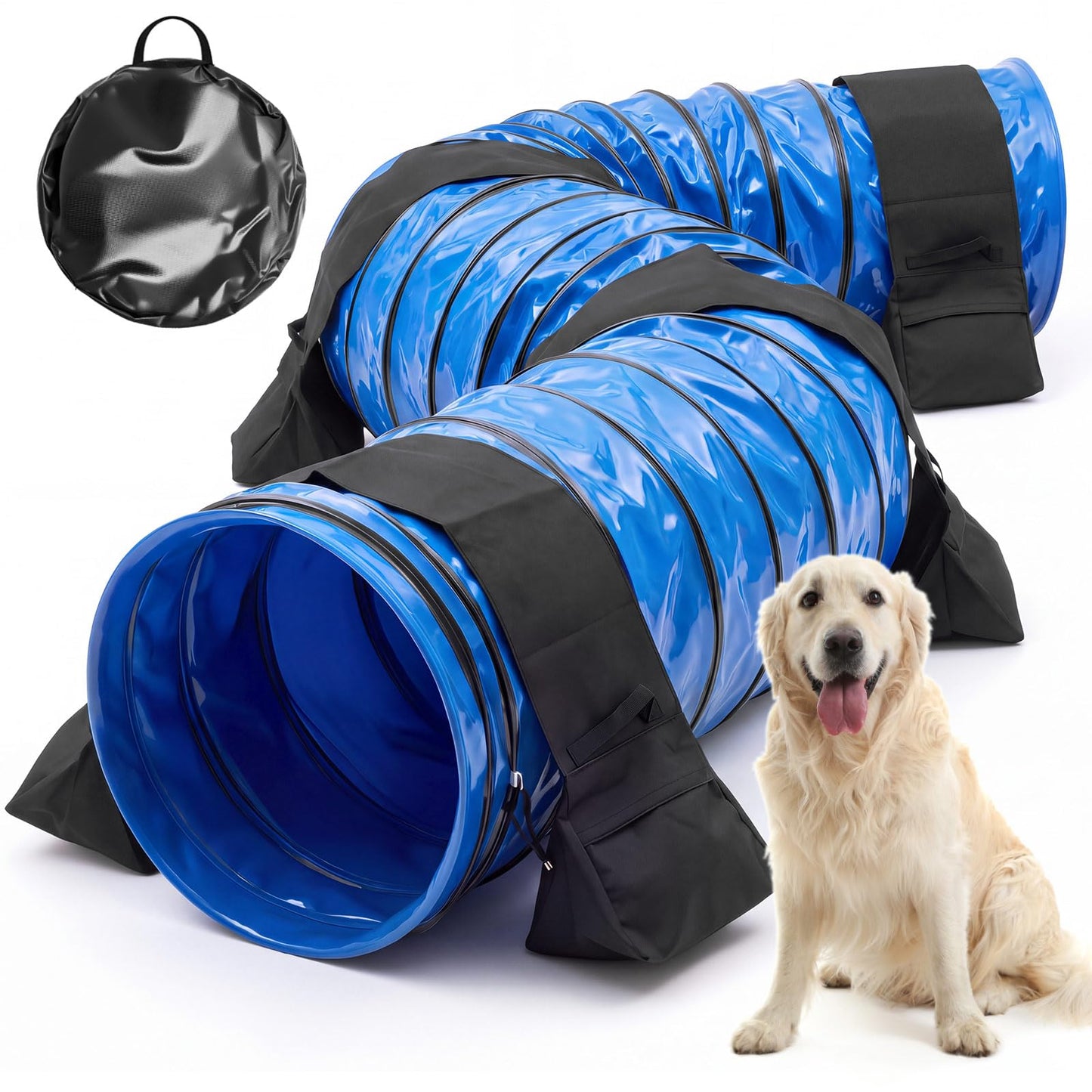 Briwooody 24 in 10 Foot PVC Dog Agility Tunnel with Sandbags Dogs Agility Training Equipment Tunnel with 2 Pack Sandbags, Carry Bag and 4 Ground Spikes for All Medium Large Dogs