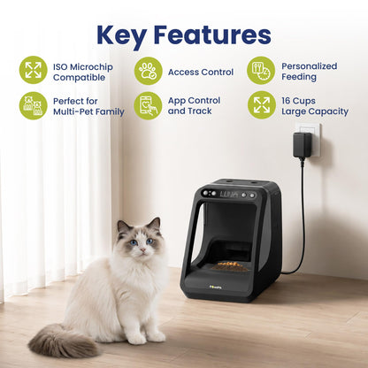 PawsPik Automatic Microchip RFID Cat Feeder,16-Cup, ISO Microchip & PawsPik RFID Tag Compatible, App Control, Portion Control