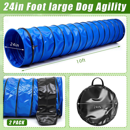 Briwooody 24 in 10 Foot PVC Dog Agility Tunnel with Sandbags Dogs Agility Training Equipment Tunnel with 2 Pack Sandbags, Carry Bag and 4 Ground Spikes for All Medium Large Dogs