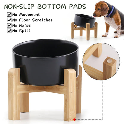 Petygooing Raised/Elevated 15°Slanted Ceramic Dog Bowl with Wooden Stand,Tilted Anti Slip Pet Feeding Bowl,Bulldog Food Water Dish for Cats and Small Medium Large Breeds