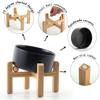 Petygooing Raised/Elevated 15°Slanted Ceramic Dog Bowl with Wooden Stand,Tilted Anti Slip Pet Feeding Bowl,Bulldog Food Water Dish for Cats and Small Medium Large Breeds