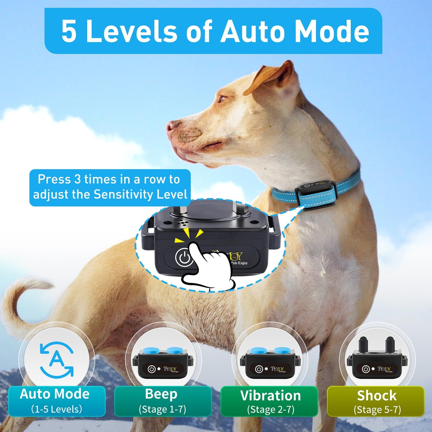 PetJoy Automatic Bark Collar for Dogs - Shock Collar with Remote and Auto Modes, Bark Training Combo - Level 1-5, 3300 Ft Range