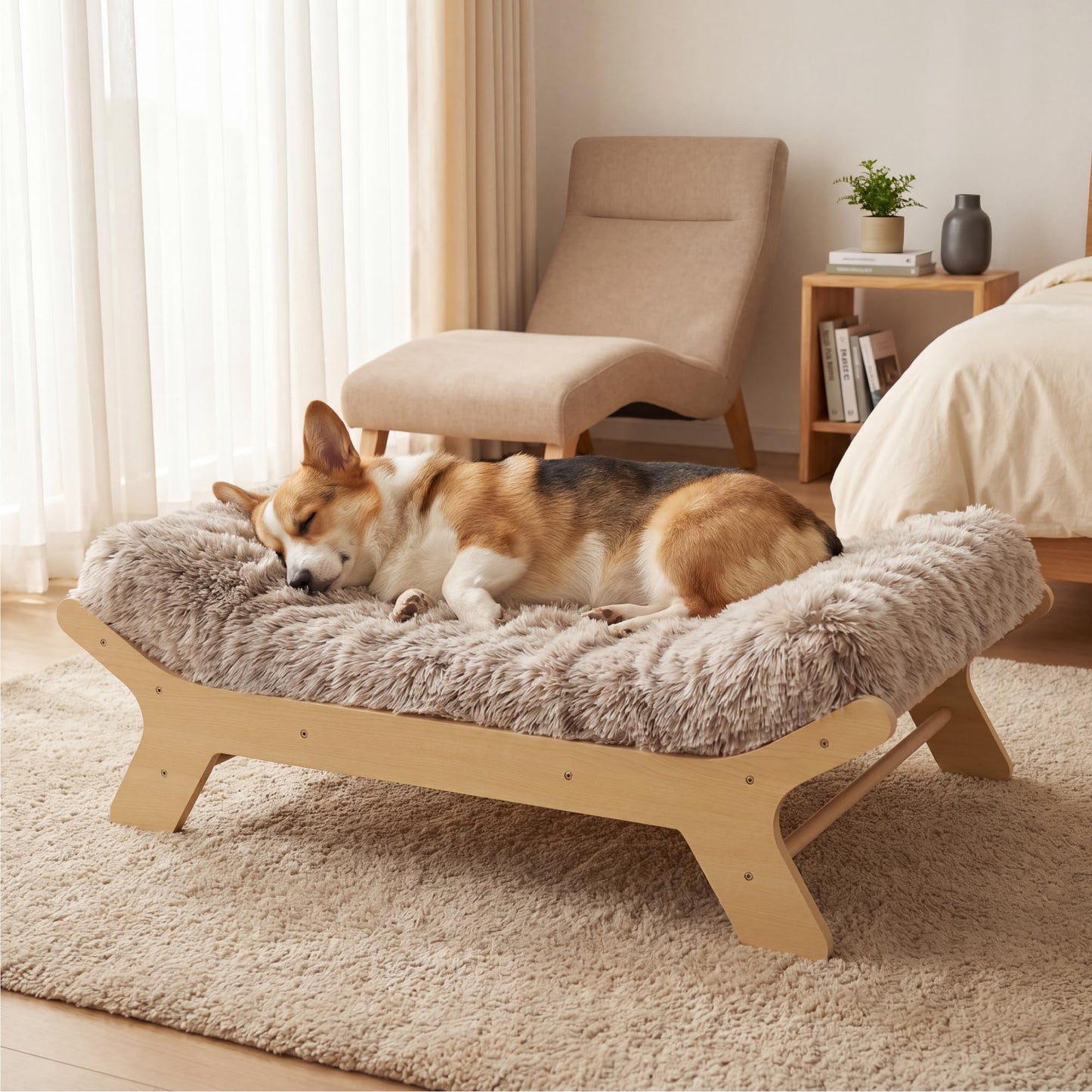 Muihood Elevated Wood Dog Bed Frame with Foam Mattress