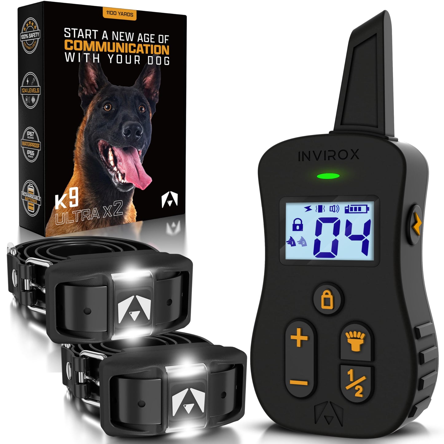 INVIROX Ultra K9 Dog Shock Collar, 124 Levels, Night Light, IP67 Waterproof