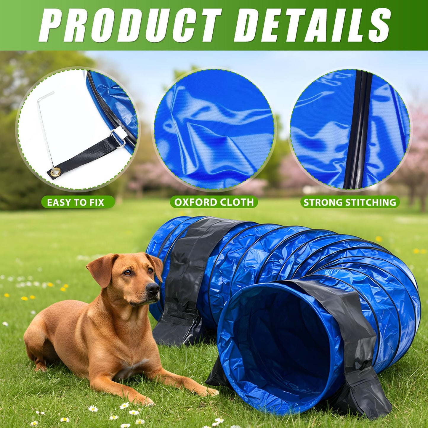 Briwooody 24 in 10 Foot PVC Dog Agility Tunnel with Sandbags Dogs Agility Training Equipment Tunnel with 2 Pack Sandbags, Carry Bag and 4 Ground Spikes for All Medium Large Dogs