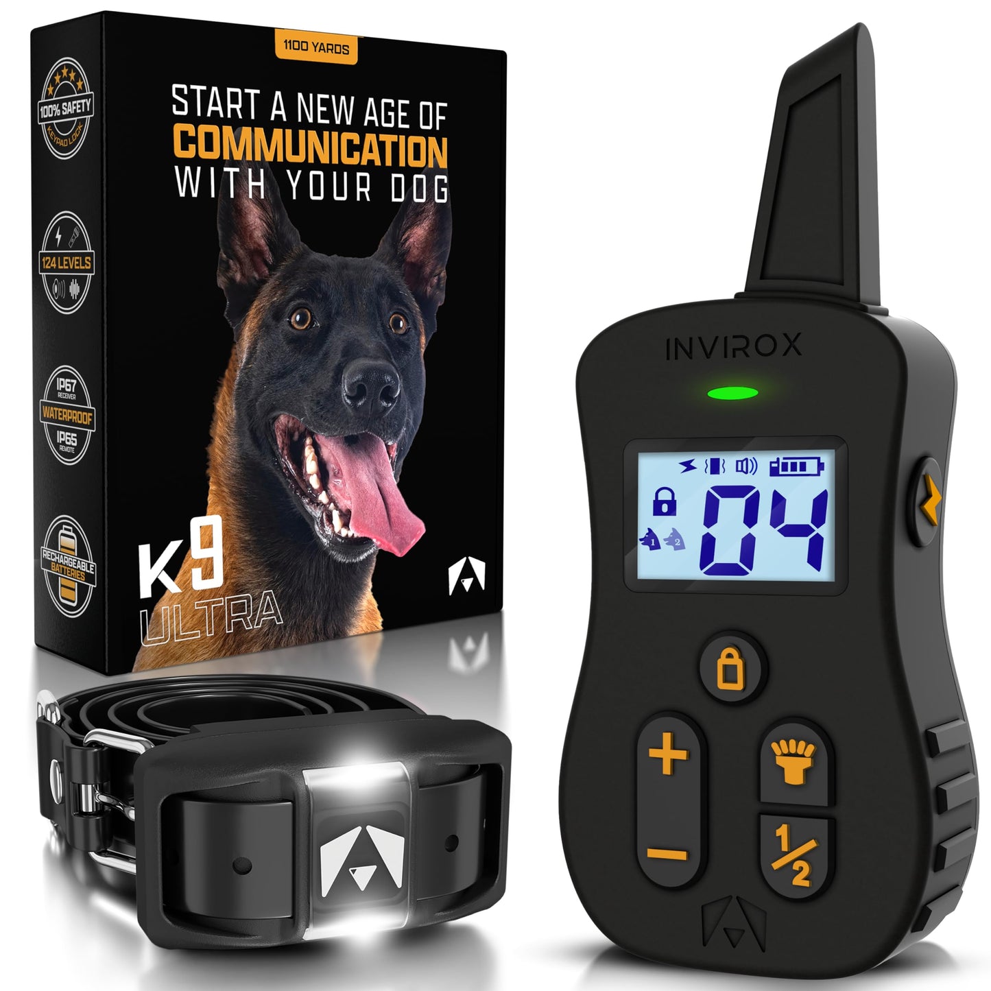 INVIROX Ultra K9 Dog Shock Collar, 124 Levels, Night Light, IP67 Waterproof