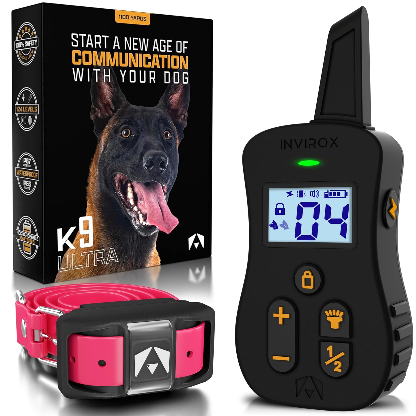 INVIROX Ultra K9 Dog Shock Collar, 124 Levels, Night Light, IP67 Waterproof
