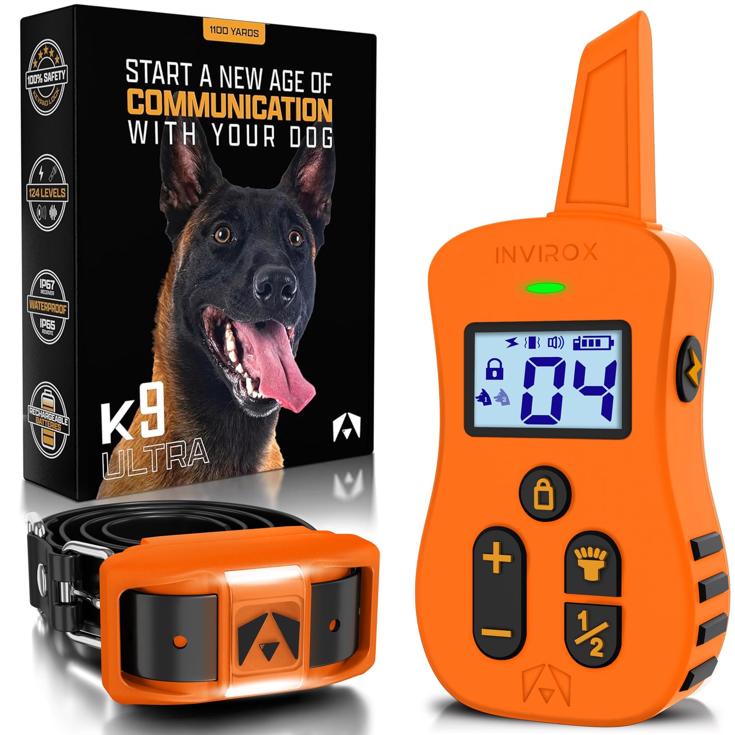 INVIROX Ultra K9 Dog Shock Collar, 124 Levels, Night Light, IP67 Waterproof