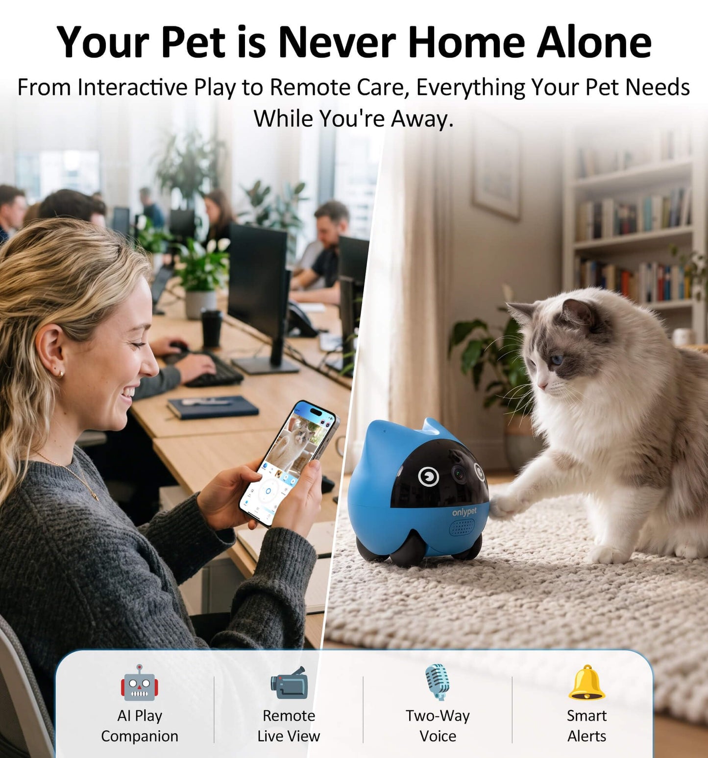 onlypet Pet Camera Indoor with Phone App, AI Pet Cam Robot for Cats & Dogs