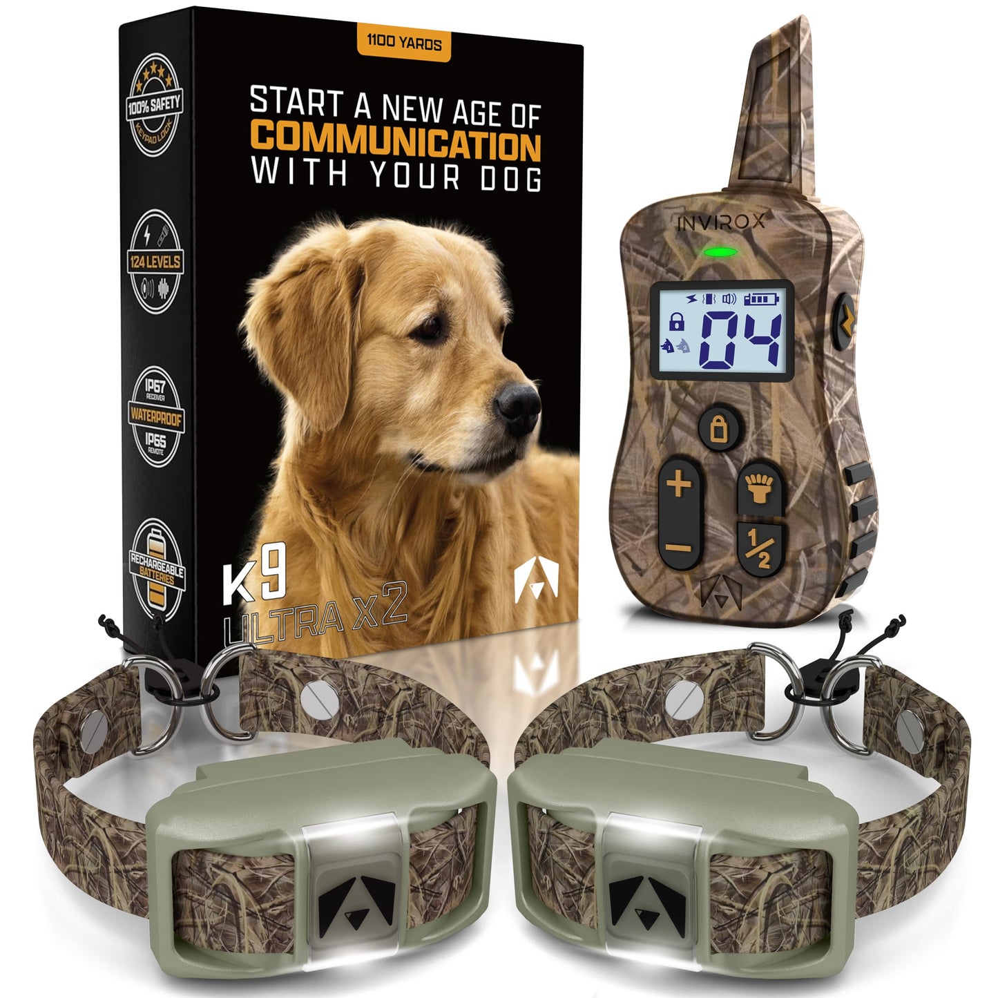 INVIROX Ultra K9 Dog Shock Collar, 124 Levels, Night Light, IP67 Waterproof
