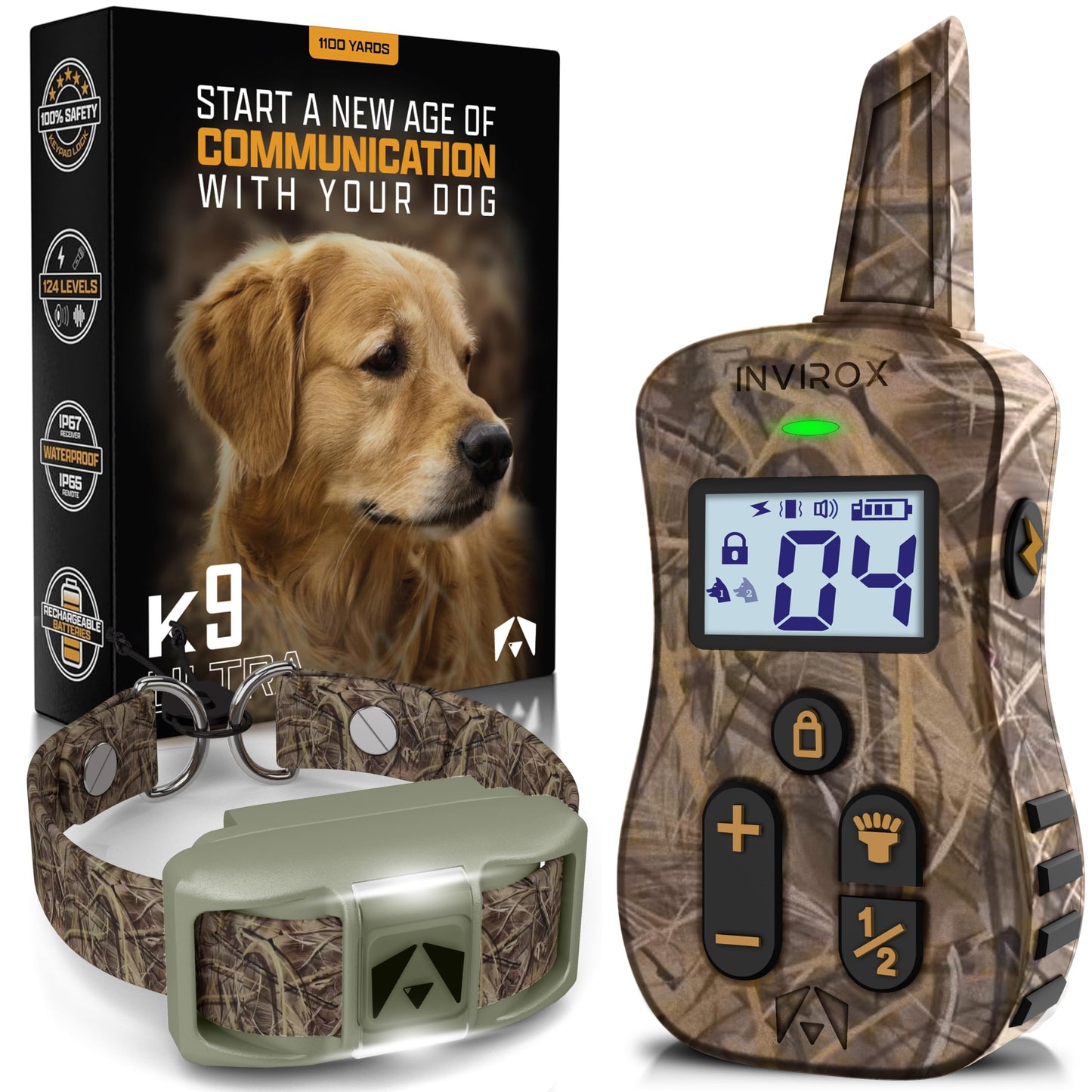 INVIROX Ultra K9 Dog Shock Collar, 124 Levels, Night Light, IP67 Waterproof
