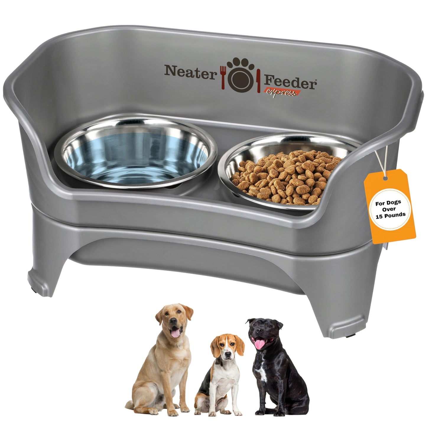 Neater Feeder - Express Model - Mess-Proof Cat & Dog Bowls – Made in USA – Elevated, No Spill, Non-Tip, Non-Slip, Raised Stainless Steel Food & Water Pet Bowls